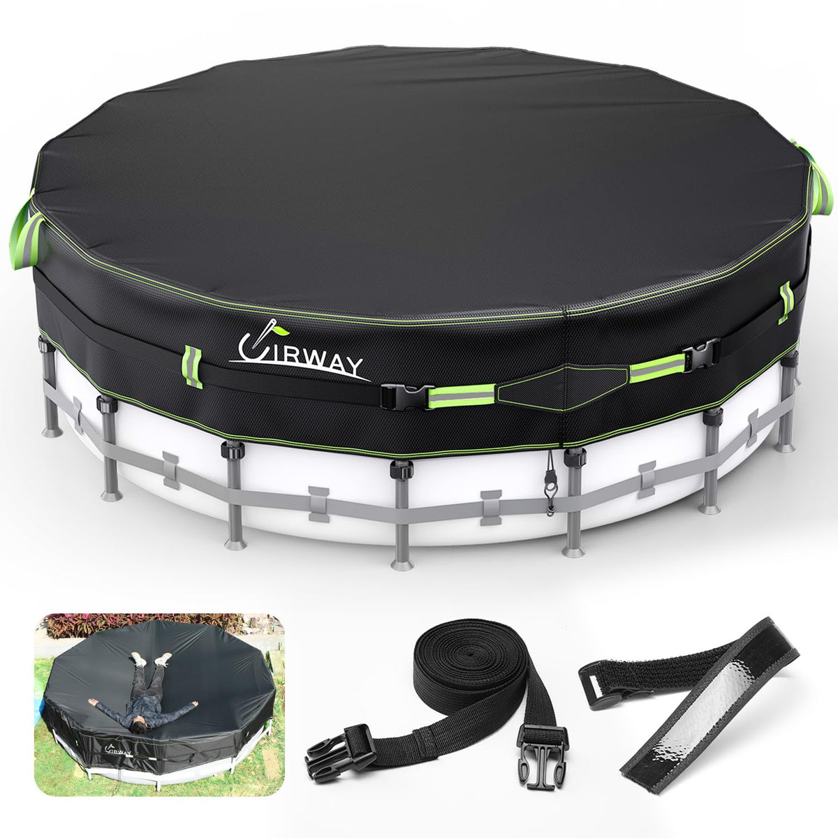 18FT Round Above Ground Pool Cover – Heavy-Duty 500D Winter Pool Cover with Windproof Straps & UV Protection