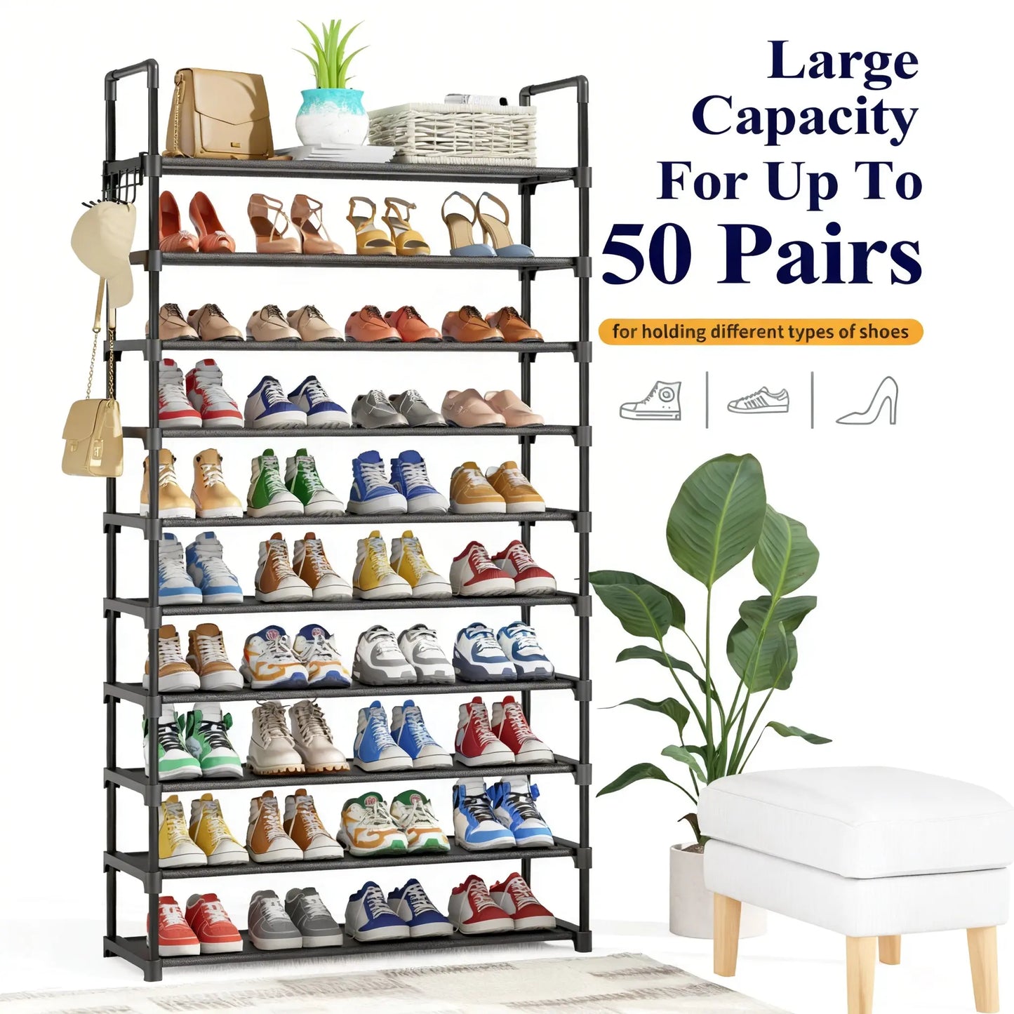 3–10 Tier Shoe Rack Organizer – Space-Saving Shoe Storage Shelf with Side Handles for Entryway, Closet & Bedroom